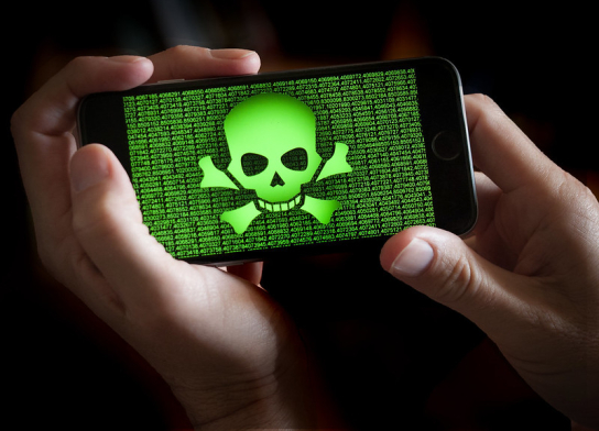 Person holding phone displaying green skull and ones and zeroes