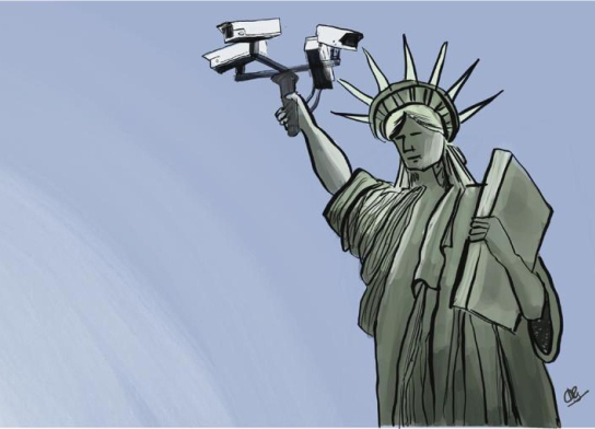 Statue of Liberty holding surveillance cameras